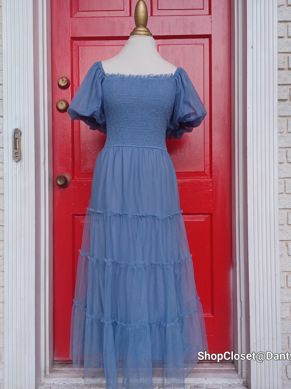 PrettyGarden Dusty Blue Off-Shoulder Tulle Midi Dress - Picture 2 of 14
